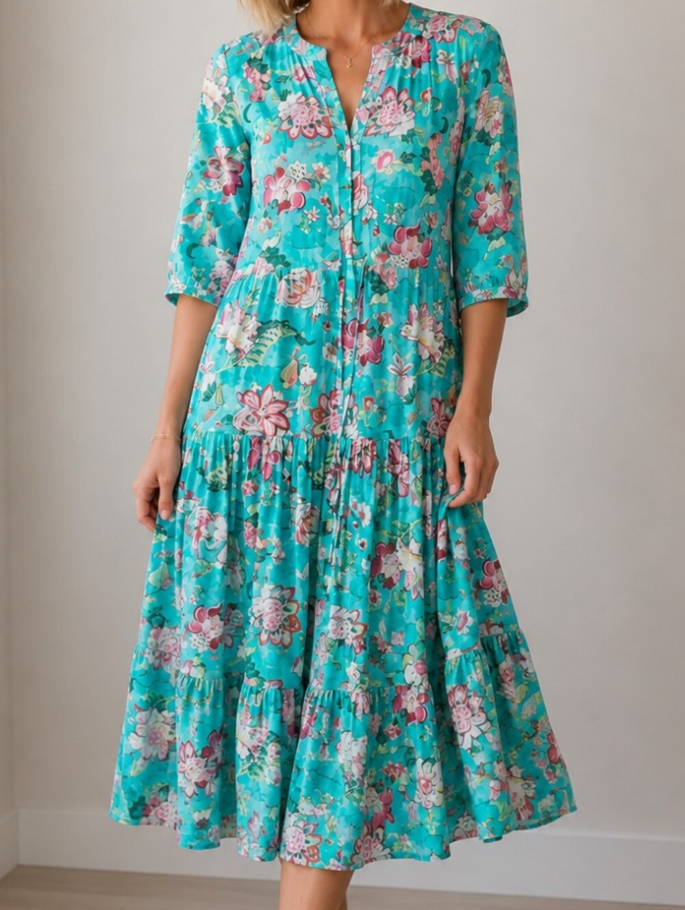 Sunday Mi Amor Mint Floral Green Pink Half Sleeve Yellow Tiered Dress Small